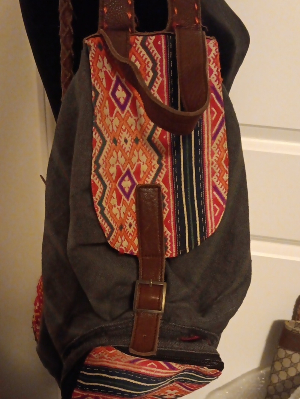 Canvas Boho Backpack with Brown Leather Trim and Red Multi-Color Pattern